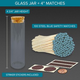 Thankful Greetings 4" Steel Blue Matches in a Jar + Striker Stickers Included | 100 Stylish & Modern Decorative Safety Matches with a Cork Top Glass Holder | Gifts, Home Decor, & Candle Accessories