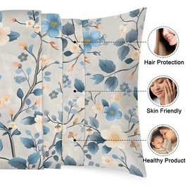 Satin Pillowcase Flower Blue Satin Pillow case for Hair and Skin 20 x 26 Inches Smooth PillowCovers Pillow Cover with Envelope Closure