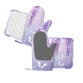 Oven Mitts and Pot Holders Lavender Butterfly Light Purple Flower Silicone Kitchen Accessories Set of 4 Heat Resistant Long Gloves Potholder Non-Slip Grip for Chef Cooking Baking Grilling BBQ