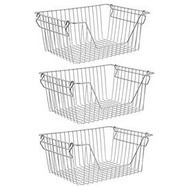 SANNO 14" Stackable Storage Pantry Baskets Metal Wire Basket, Storage Organizer Bin Basket with Handles, Open Front for Kitchen Cabinets, Pantry, Closets, Bedrooms, Bathrooms - Large, 3 Pack