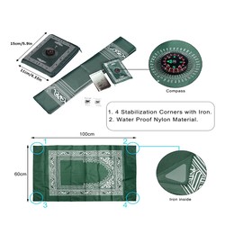 Anlising Islamic Travel Prayer Mat, with Compass Pocket Sized Carry Bag and Attached Compass Prayer Rug Portable Polyester 60 * 100cm Green