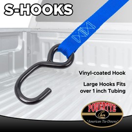 Powertye 1in x 7ft Ratchet Soft-Tye Tie-Downs with S-Hooks - Made in USA - 800 lb. Working Load Limit / 2,400 lb. Breaking Strength - Blue (Pair)