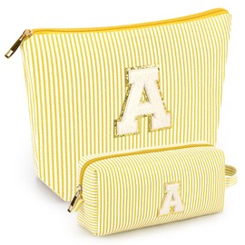 2 PCS Initial Makeup Bags for Women: Cosmetic Bag for Travel Toiletry - Birthday Gifts for 11 12 13 14 15 16 17 18 Years Old Girl Graduation Teacher Gift- Teen Girl Gifts Trendy Stuff - Yellow A