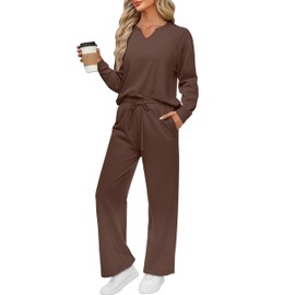 REORIA Women V Neck Activewear Loose Lounge Wear Set Solid Color Tracksuit Co Ord Sets Two Piece Outfit Coffee XL