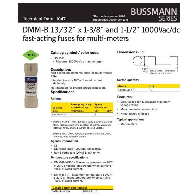 Fluke Multimeter 440mA DMI Fuse aR 10x35mm Bussmann DMM-B-44 AC/DC