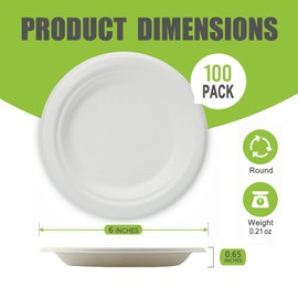 FYQFBJ 100% Compostable Paper Plates 100 Pack, 6 Inch Heavy Duty Biodegradable Microwavable Disposable White Dessert Plates, Made of Eco-Friendly, Natural Unbleached Sugarcane Bagasse