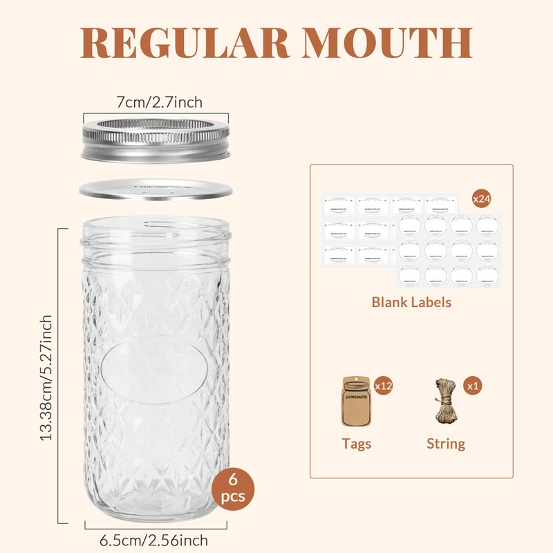 12oz Mason Jars, 6 Pack Regular Mouth Glass Jars With
