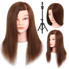 Mannequin Head with Human Hair - 20-22" Cosmetology Mannequin Head with 100% Real Human Hair for Braiding Practice Cutting - Manikin Head with Human Hair for Hairdresser with Tripod Set