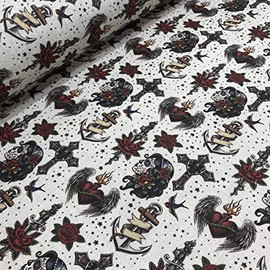 Kt KILOtela - Patchwork Fabric Sold by the Metre - Digital Print - 100% Cotton - 140 cm Width - Choice of Length 50 in 50 cm | Catrinas, Anchors and Hearts - Red, Black