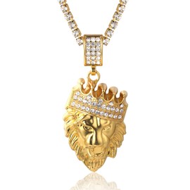 Halukakah ● Kings Landing ● Men's 18K Real Gold Plated / Platinum Plated Crown Lion Pendant Necklace Lab Diamonds with Free Tennis Chain/Cuban Chain, Gold Zinc, lab diamond