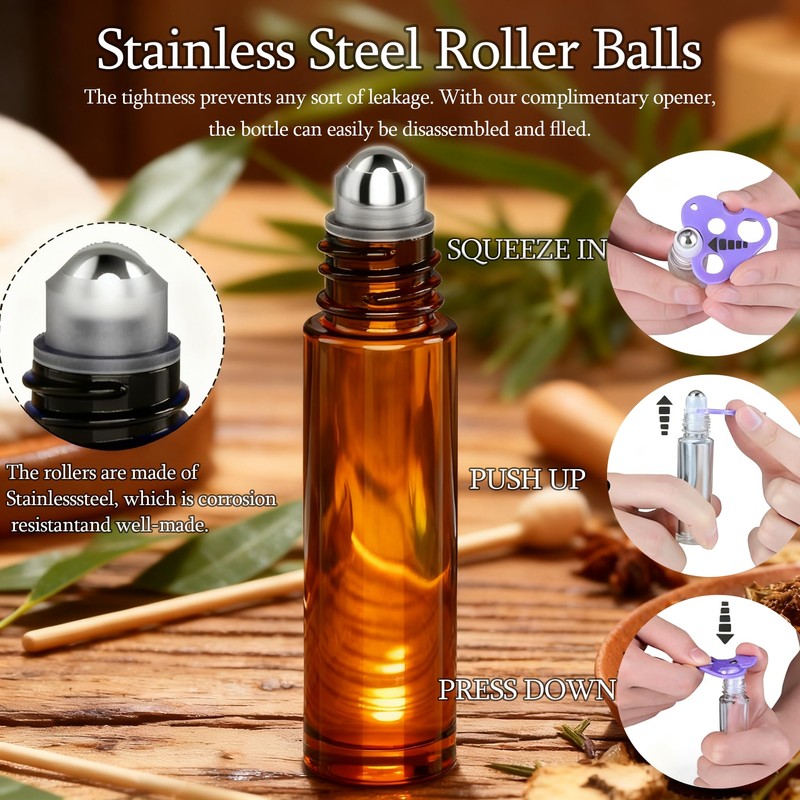 PrettyCare 4 Pack 10 ml Amber Glass Roller Bottles for