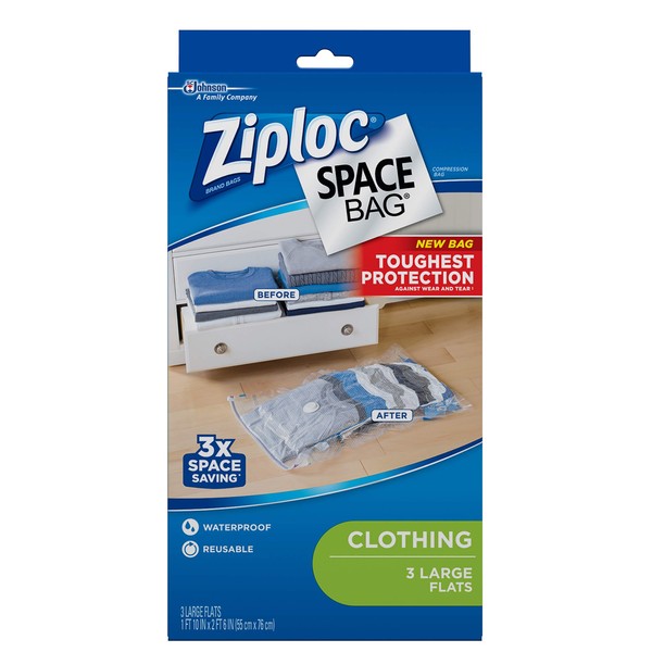 Ziploc Space Bag Clothes Vacuum Sealer Storage Bags for Home and Closet Organization, Large, 3 Bags Total