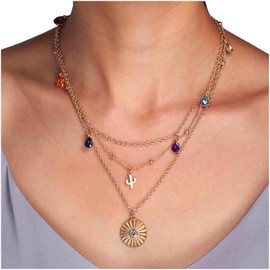 Erimberate Bohemian Sunburst Coin Pendant Necklace Gold Cactus Necklace Layered Waterdrop Crystal Necklace Choker Vintage Satellite Chain Necklace Jewelry for Woman and Girls