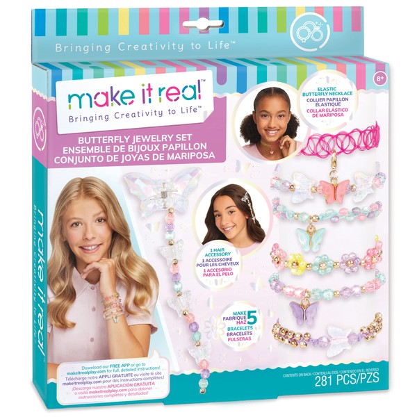 Make It Real: Butterfly Jewelry Set - Create 7 Pieces of Jewelry, 281 Pieces, Includes Play Tray, DIY All-in-One Kit, Tweens & Girls, Arts & Crafts, Kids Ages 8+