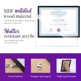 TWING 8.5 x 11 Picture Frame For Certificate, Diploma, Composite Wood Display photos 6x8 with Mat or 8.5x11 Without Mat, Black Document Picture Frames Collage for Wall Decor or Tabletop 6 Pack