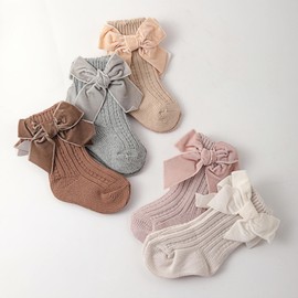 JUNOAI Baby Toddler Girls Velvet Bow-Knot Ribbed Cotton Socks – Cable Knit Socks for Newborns & Infants 0-4 Years (Pack of 5) (US, Age, 1 Year, 3 Years, off-white, brown, gray, lotus pink, and khaki)