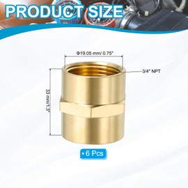 PATIKIL 3/4" x 3/4" Brass NPT Coupler, 6 Pack Female Hex Head Pipe Fitting Coupling for Home Plumbing Pipes Shower Head Bases Coupling, Gold