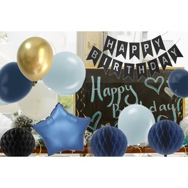 Happy Birthday Decorations for Men Boys, Paper Party Banner with Honeycomb Balls Hanging Swirls and Blue Gold Balloons Supplies Kit (Navy Dusty blue)