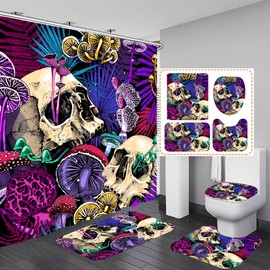 RinRinfam 4Pcs Skull Shower Curtain Set,Mushroom Shower Curtain Set Non-Slip Rug,Toilet Lid Cover,U Shape Mat,Waterproof Bathroom Decor Sets with 12 Hooks Purple