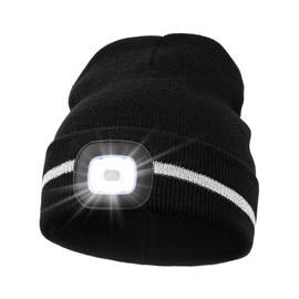 MELASA Reflective Stripe LED Beanie Safety High Visibility Winter Thermal Knitted USB Rechargeable Hat with Light Built in Suitable Outdoor Work Sports Gifts for Men Dad Black