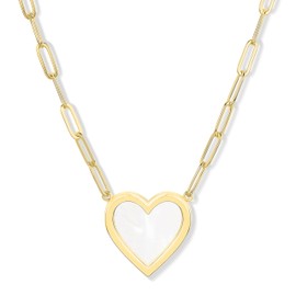18K Gold Plated Heart Necklace for Women | Mother of Pearl Love Jewelry with Paperclip Chain (White Gold)