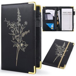 Server Book, PU Leather Server Books for Waitress with Zipper Pockets, Waitress Book with Pen Holder Fit Server Apron Check Presenters for Restaurants - Color: Black