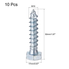 sourcing map Hex Lag Screws, M10 x 50mm Carbon Steel Zinc Plated Full Thread Self-Tapping Bolts for Wood Screw 10Pcs