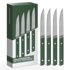 Misen Steak Knives Set of 4 - Precision Serrated Blades for Effortless Dining - German Stainless Steel - Superior Cuts with Four Steak Knives - Comfortable, Sleek Handles - Green