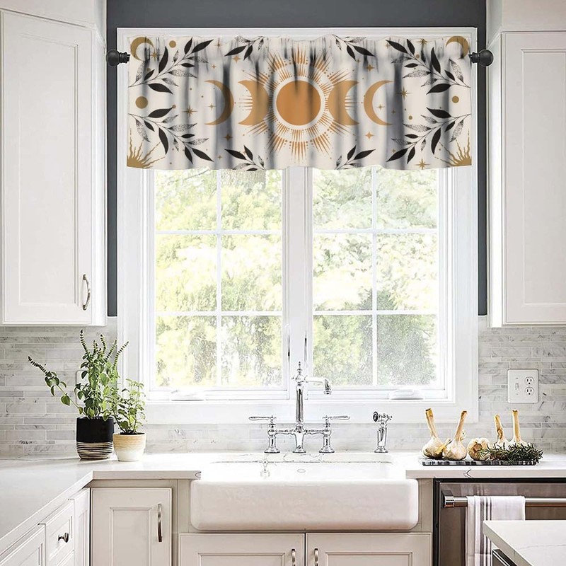 JanJCurt Boho Moon Phase Valance, Boho Mystic Celestial Sun Moon