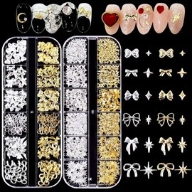 3D Metal Punk Nail Studs, Gold Silver Star Bows Nail Art Charms, Alloy Manicure Decoration DIY Charms for Nail Art Decoration Accessories (Gold + Silver)