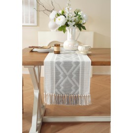 Boho Table Runner ， Natural Cotton Woven Gray Runner，for Modern Farmhouse Decor, with Tassels for Home Dining Table Decor 14 x 72 Inch Long