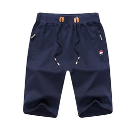 Tansozer Men's Cotton Sport Shorts with Zip - blue, size: xl