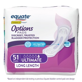 Equate Options Women's Incontinence Pads, Ultimate Absorbency, Long Length,51Cnt