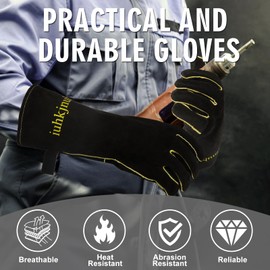 iuhkjnuh Fireplace Gloves Fire Heat Resistant: Fireproof Leather for Fireplace Fire Pit Wood Stove Campfire Furnace (M)