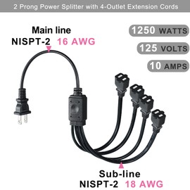 KUNCAN 2-Prong Splitter Extension Cord - 2-Pack Polarized Plug Male to Female Extension Cord with 4 Outlets, 1 to 4 Ways Power Cord Splitter, NEMA 1-15P to 4X 1-15R, 1 feet