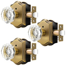 Orger Octagonal Crystal Door Knobs 3 Pack, Interior Privacy Door Handle for Bed/Bathroom with Pin Lock Inside, Antique Bronze Vintage Rosette Door Knob with Heavy Duty Genuine Glass