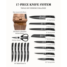 Emojoy Knife Set, Kitchen Knife Set with Block – 17 PCS German Titanium Steel Knives with Heavy-Duty Acacia Wood Block and Built-in Sharpener for Home Cooking, Dishwasher Safe