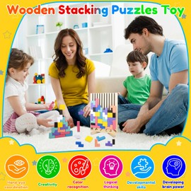 Wooden Stacking Puzzle Toy, Wooden Blocks Tangram Jigsaw Puzzle Toys for Kids Boys Girls, Intelligence Colorful 3D Blocks with 10 Cards Building Games, Stress Relief Toys Gifts