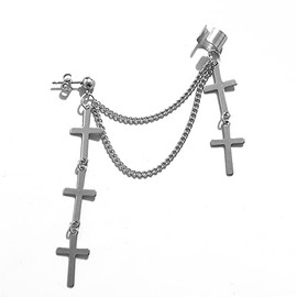 5 Cross Tassel Ear Cuff Crawler Climber Chain Threader Dangle Drop Earrings for Women Men Girls Boys Cartilage Stainless Steel Ball Stud Clip on Small Hoop Wrap Dangling Fashion Hypoallergenic Jewelry