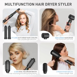 TANSHINE 5 in 1 Professional Hair Dryer Brush & Multi-Styler with 110,000 RPM,Ionic Powerful Blow Dryer Brush for Curling,Straightening,Volumizing,Fast Drying,Auto Wrap Curls Hot Air Styler,Black