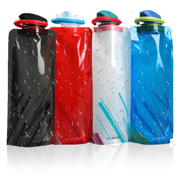 Pynzeka 4 Foldable Water Bottles Flexible for Hiking, Adventure, Travel,