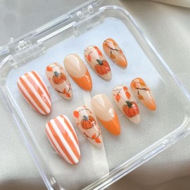 30 Pcs Fall Almond Press on Nails Medium Full Cover False Nails Acrylic Autumn Pumpkin Design Fake Nails Reusable with Vertical Stripe Maple Leaf Pattern Artificial Glossy Stick on Nail for Women