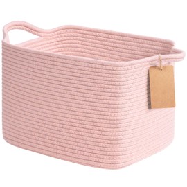 Woven Storage Basket, Cotton Rope Basket for Shelves Closet Organizer, Square Shelf Basket for Toys, Books, Shoes, Decorative Empty Gift Basket for Home Bathroom Decor, 33x25x22.5cm, Pink