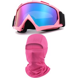 immoono Motorcycle Goggles with Balaclava for Women Girls, Dirt Bike ATV Motocross Riding Racing Ski Goggle Safety Glasses with Neck Gaiter Bandana Face Mask, Pink Frame Colorful Lenses