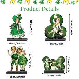 4Pcs Vintage St. Patrick's Day Wooden Tabletop Decorations Kits Irish Wood Desktop Centerpieces Shamrocks Tiered Tray Décor for St. Patrick's Day Party Home Table Decorations