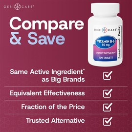 GeriCare Vitamin B-6 50mg Daily Nutritional Support for Healthy Brain Function, Helps Metabolism, Energy and Nervous System Health, 100 Count (Pack of 1)