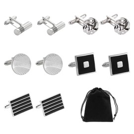 5 Pairs Stainless Steel Cufflinks 1 Storage Bag Shirt Suit Cufflinks Mens Suit Cufflinks (Black and Silver), Stainless Steel, Stainless Steel