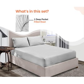 SGI bedding 100% Egyptian Cotton 600 TC Queen Size Fitted Sheet Only Soft, Smooth Sateen Weave 15" inch Deep Pocket Fitted Bed Sheet - Light Grey