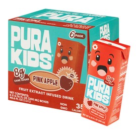 PURA Kids Box | Pink Apple Fruit extract infused Drink for kids | 8g Pure Cane Sugar | Non-GMO | Vegan, No Artificial Sweeteners | Best Lunchbox Beverage with Paper Straw | 6.76 fl oz (200ml), Pack of 6