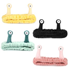 HIKIMA 4Pcs Face Wash Headband, Facial Makeup Head Wraps Cartoon Elastic Head Band Cute Snail Shower Headband for Beauty Skincare Sports